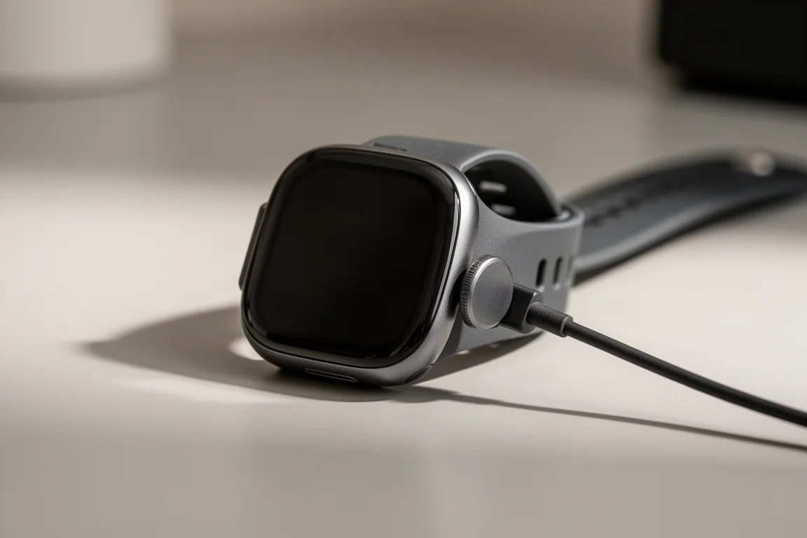 Montre connectée reliée à un câble de charge sur un bureau propre