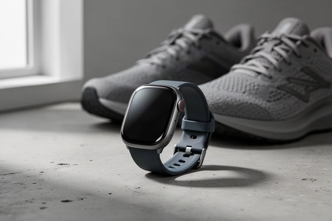 Fitness smartwatch with large rounded display on concrete beside running shoes