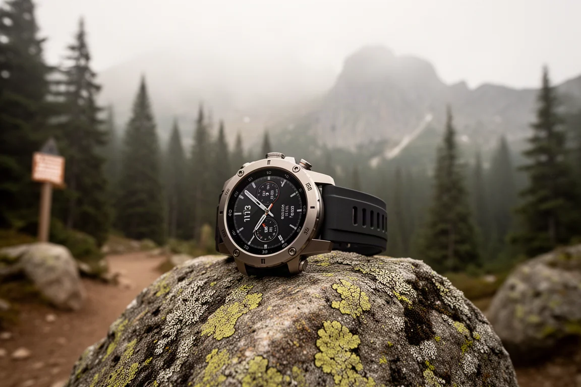 Rugged multisport smartwatch resting on a rock at a mountain trailhead