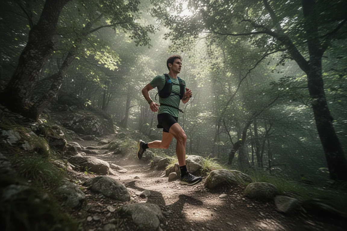 Trail runner navigating a rocky mountain path under tree cover