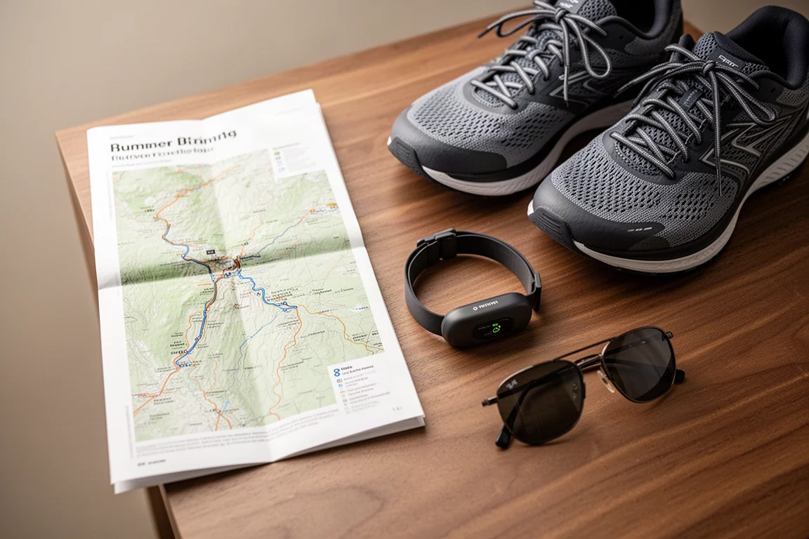 Flat-lay of outdoor training gear on a wooden surface