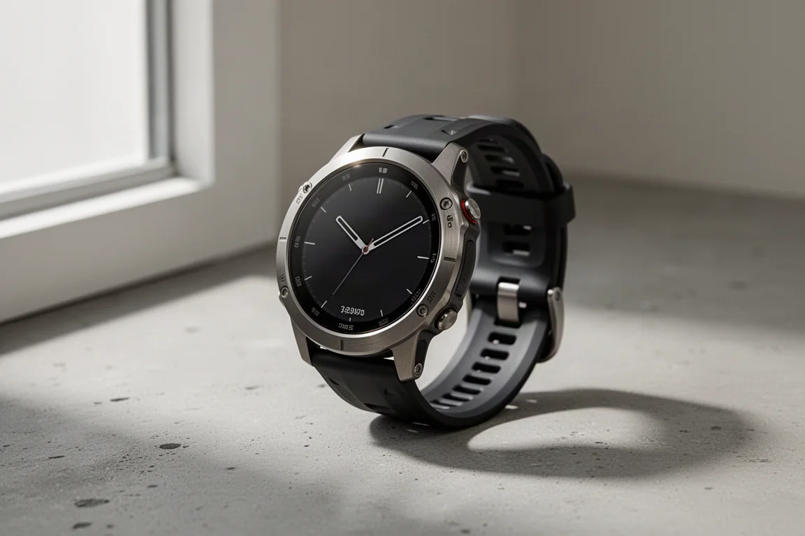 Rugged titanium multisport smartwatch with black sport band on concrete surface