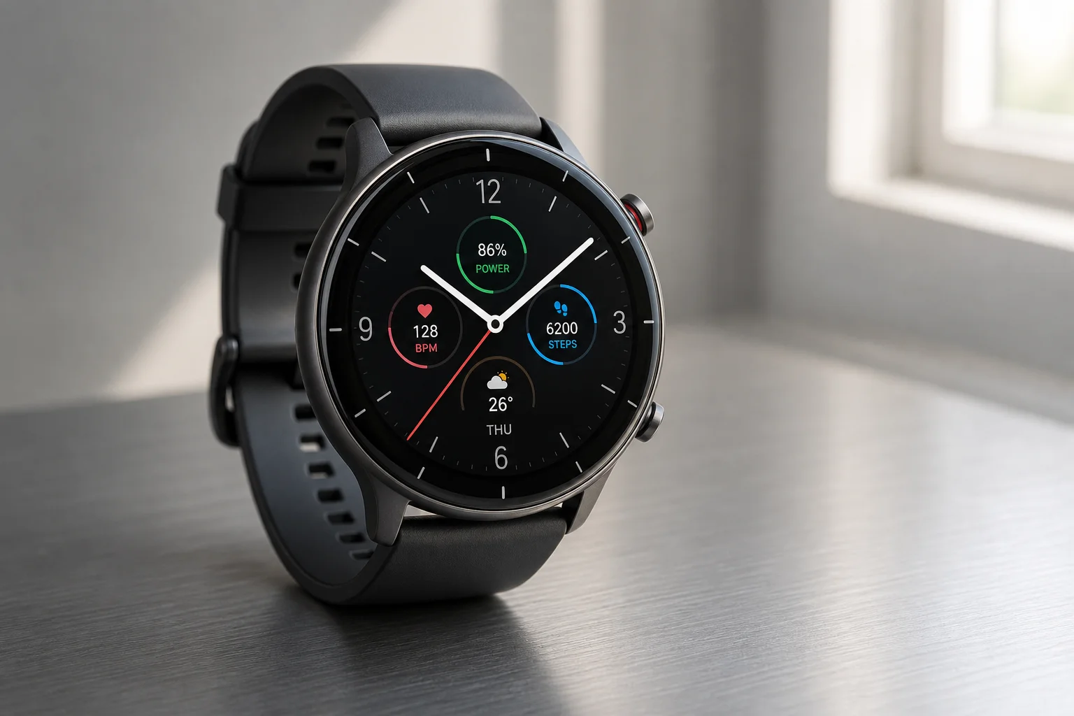 Five smartwatches displayed on concrete surface showing different designs and styles