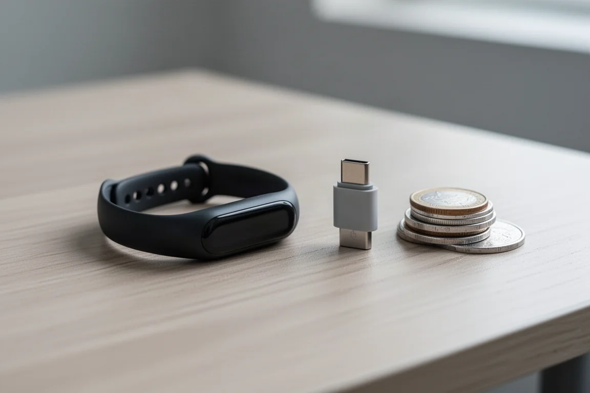 Pequena pulseira de fitness sem tela ao lado de seu minúsculo adaptador de carregamento USB-C sobre uma mesa