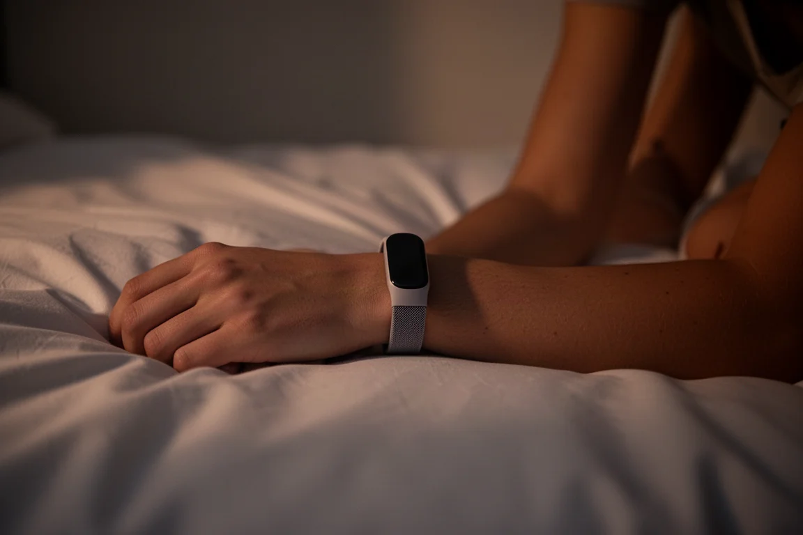 Pessoa descansando na cama enquanto usa uma pulseira de fitness fina e sem tela durante a noite