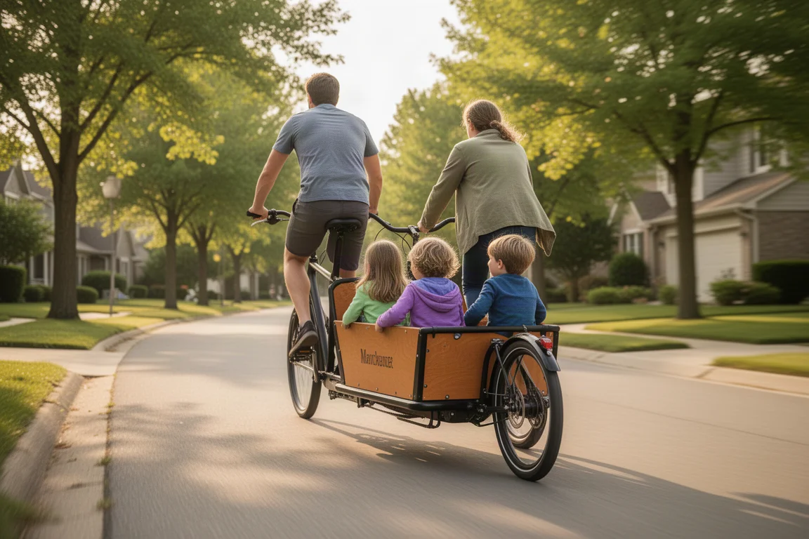 Ciclista pedalando uma cargo bike carregada com crianças por uma rua ensolarada de bairro