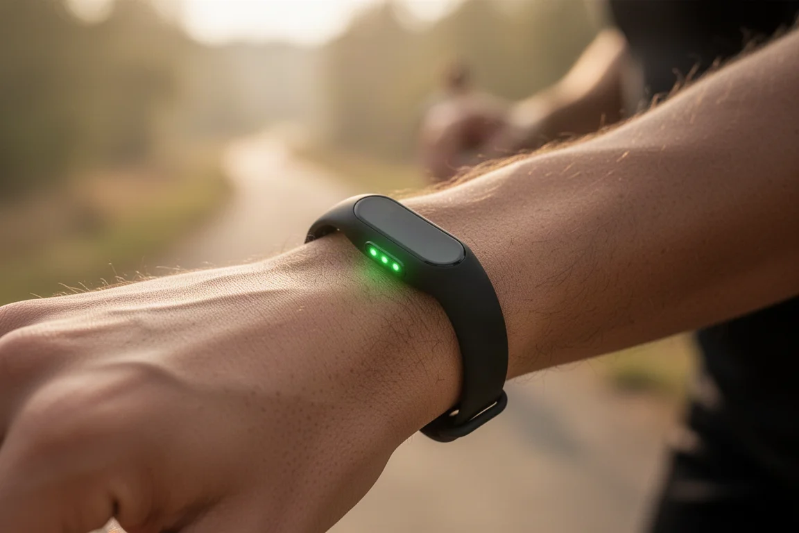 Close de um pulso mostrando um sensor óptico de frequência cardíaca brilhando levemente verde durante um treino