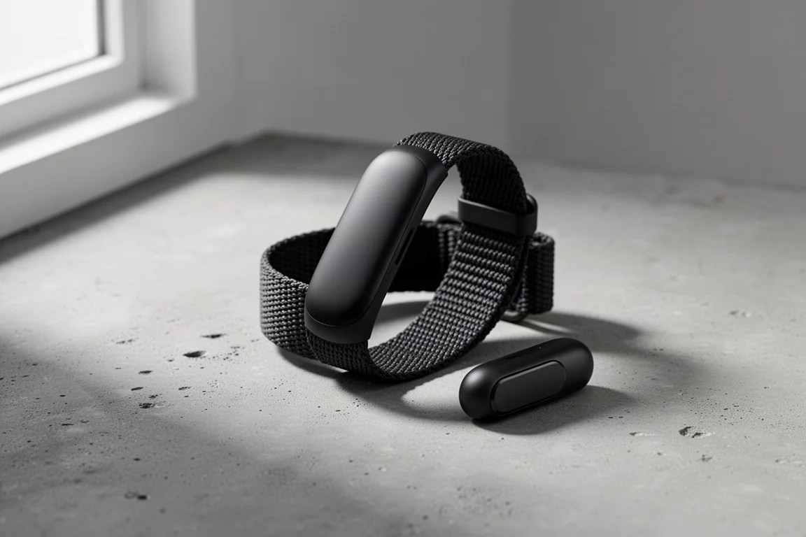 Slim black screenless fitness band with fabric wristband on a concrete surface