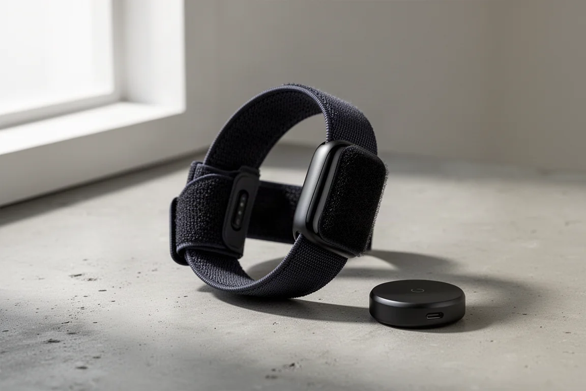 Nylon fitness strap with sensor pod and magnetic charging puck on concrete surface