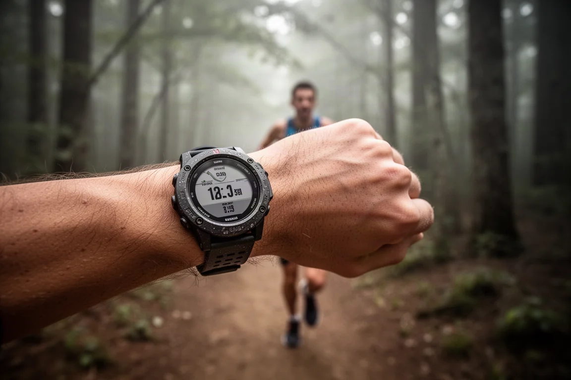 Corredor conferindo um GPS watch durante uma corrida leve pela manhã em uma trilha na floresta