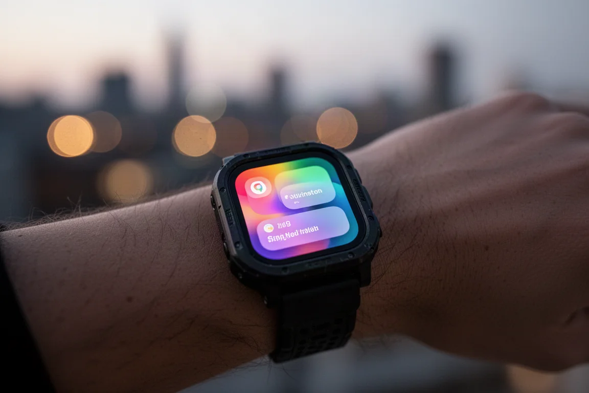Close da tela de um smartwatch ao entardecer mostrando notificações e informações do tempo