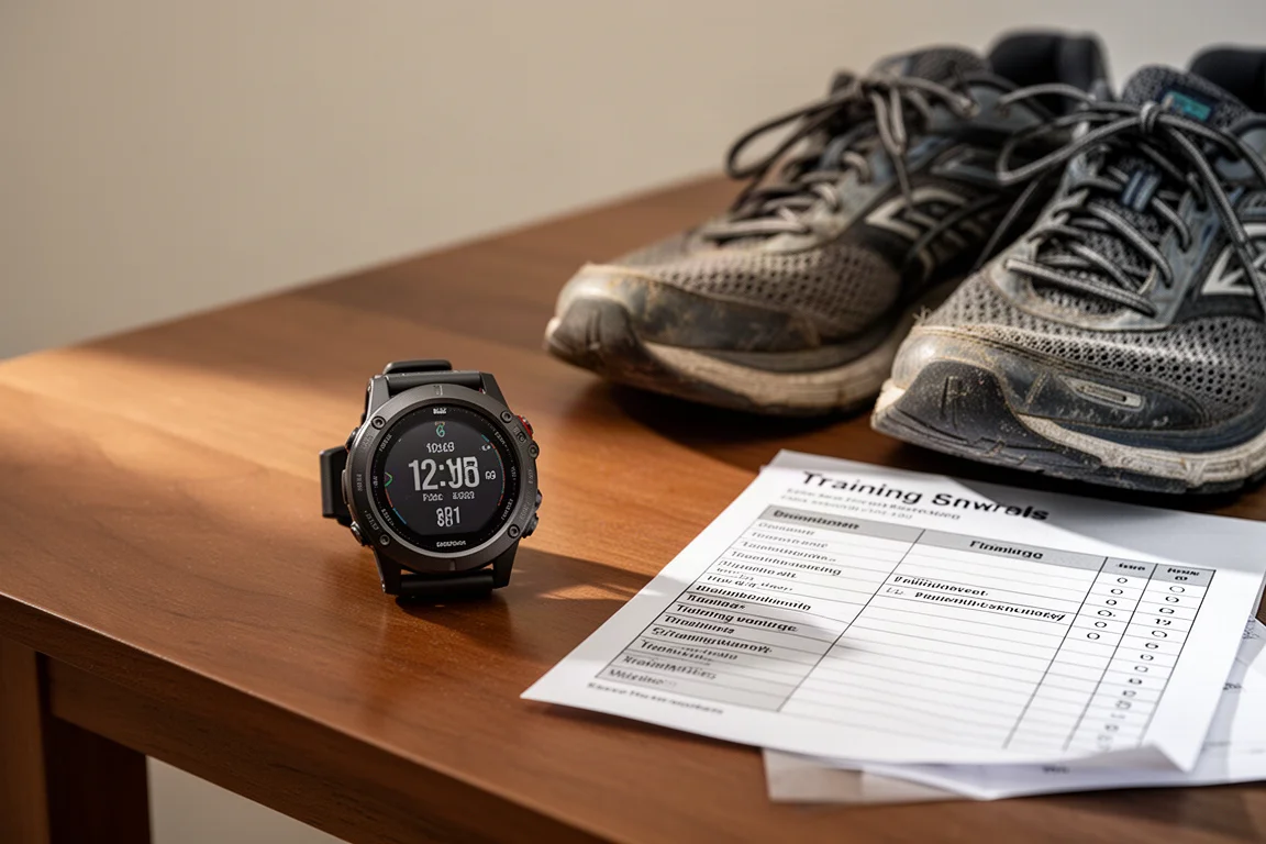 GPS watch apoiado sobre uma mesa de madeira ao lado de tênis de corrida após uma semana longa de treinos