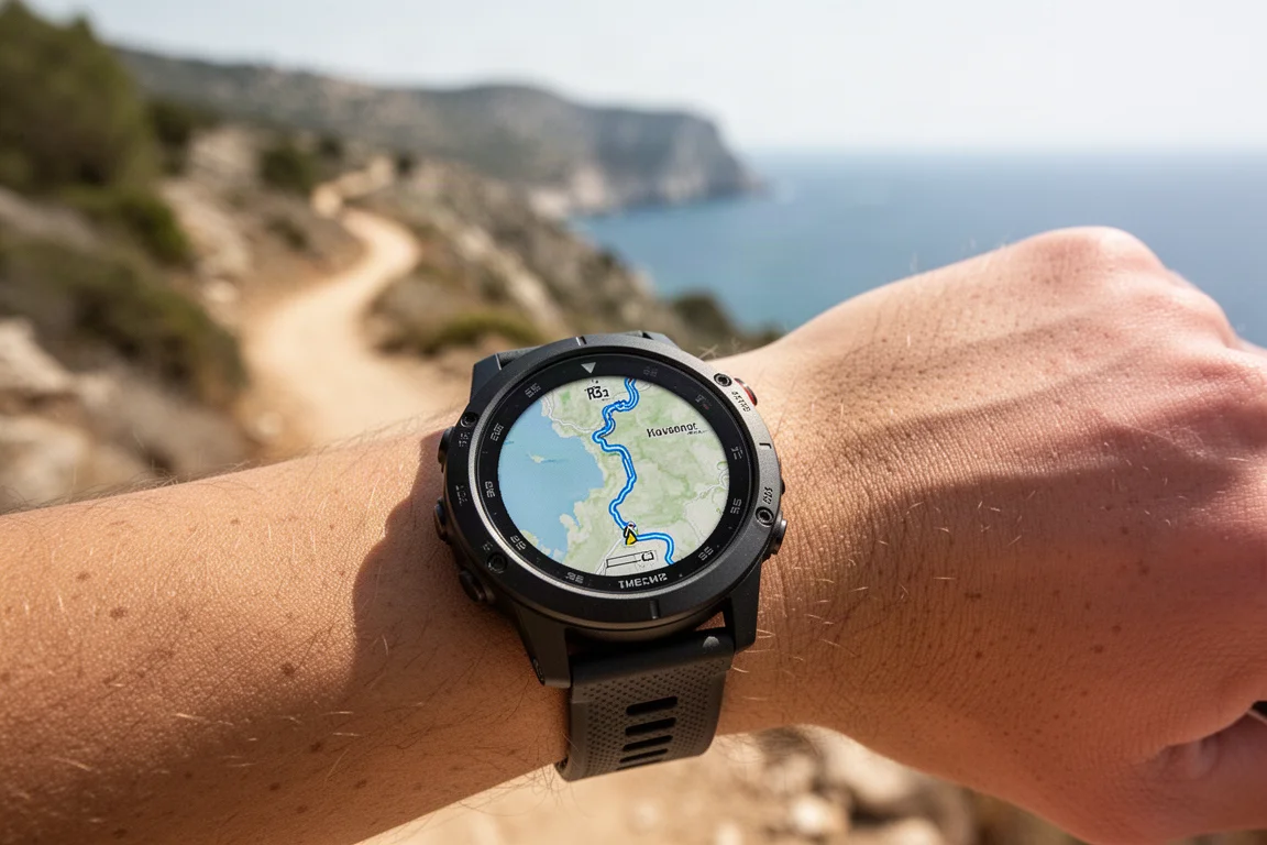 Sportwatch rugged al polso con una mappa luminosa sul display all'aperto