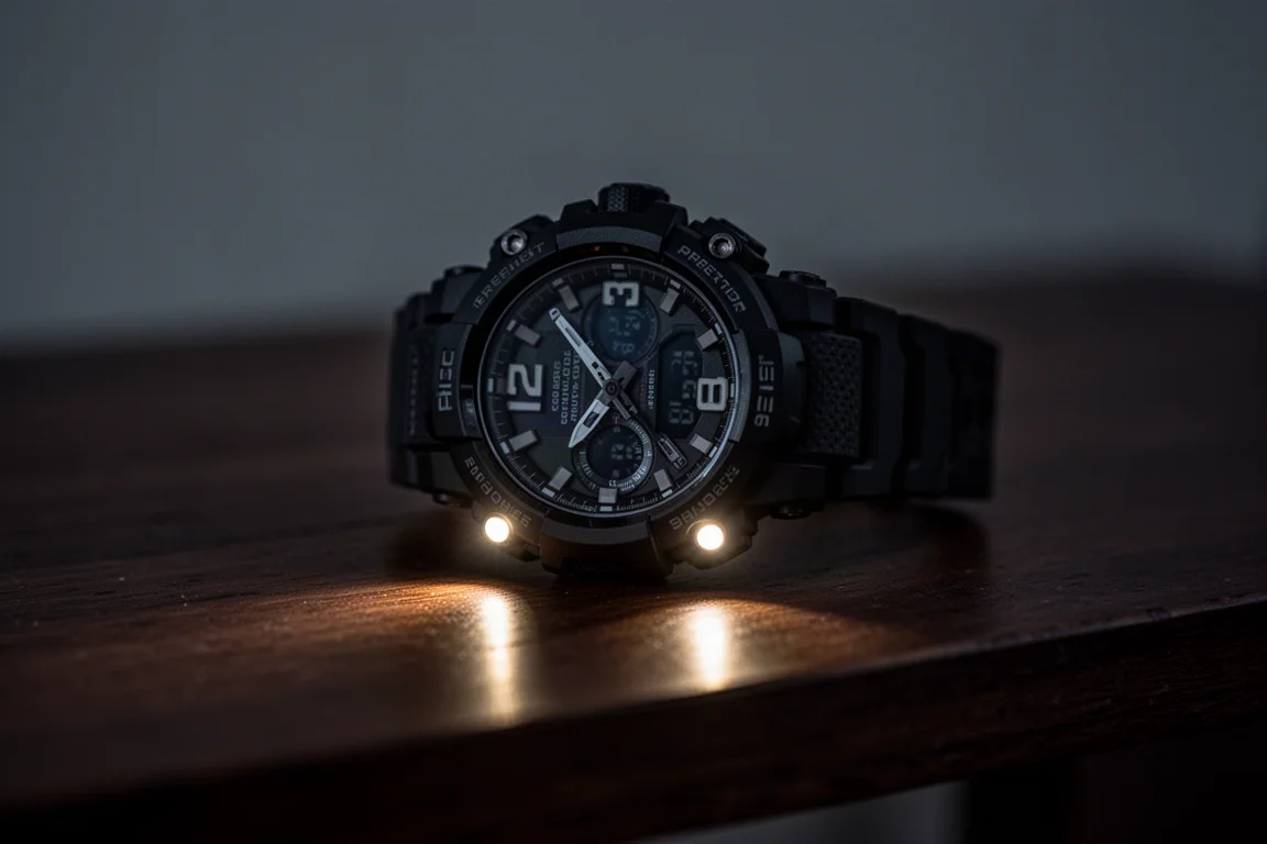 La torcia dell'orologio proietta luce bianca in una stanza buia