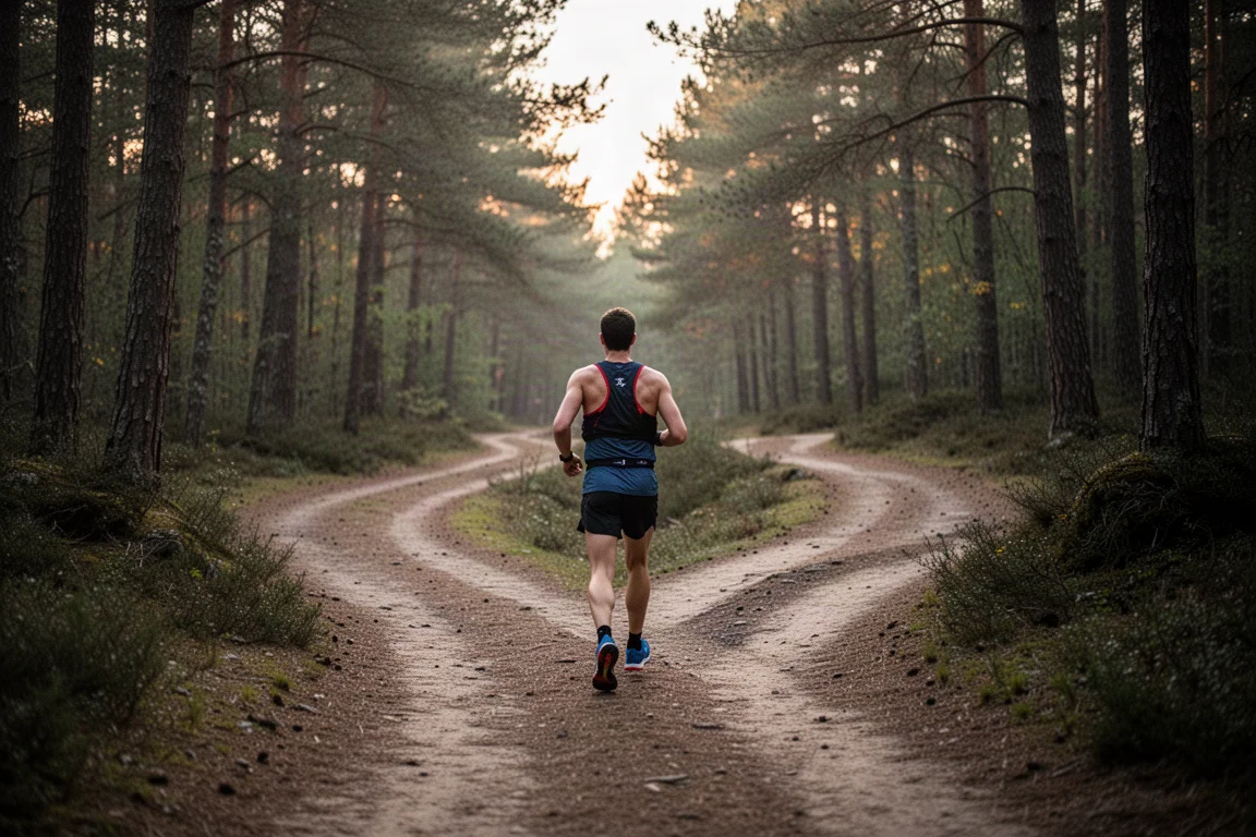 Trail runner che si ferma a un bivio su un sentiero nel bosco