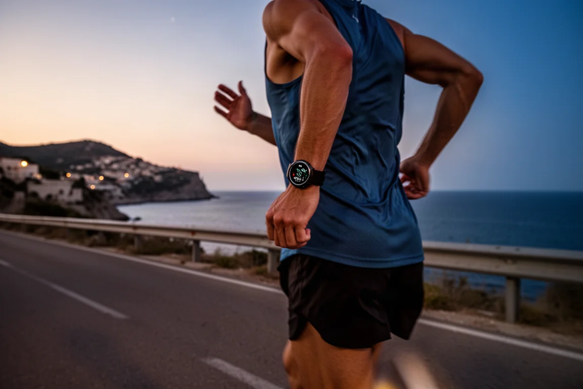 Atleta che conclude una corsa serale su una strada costiera al tramonto