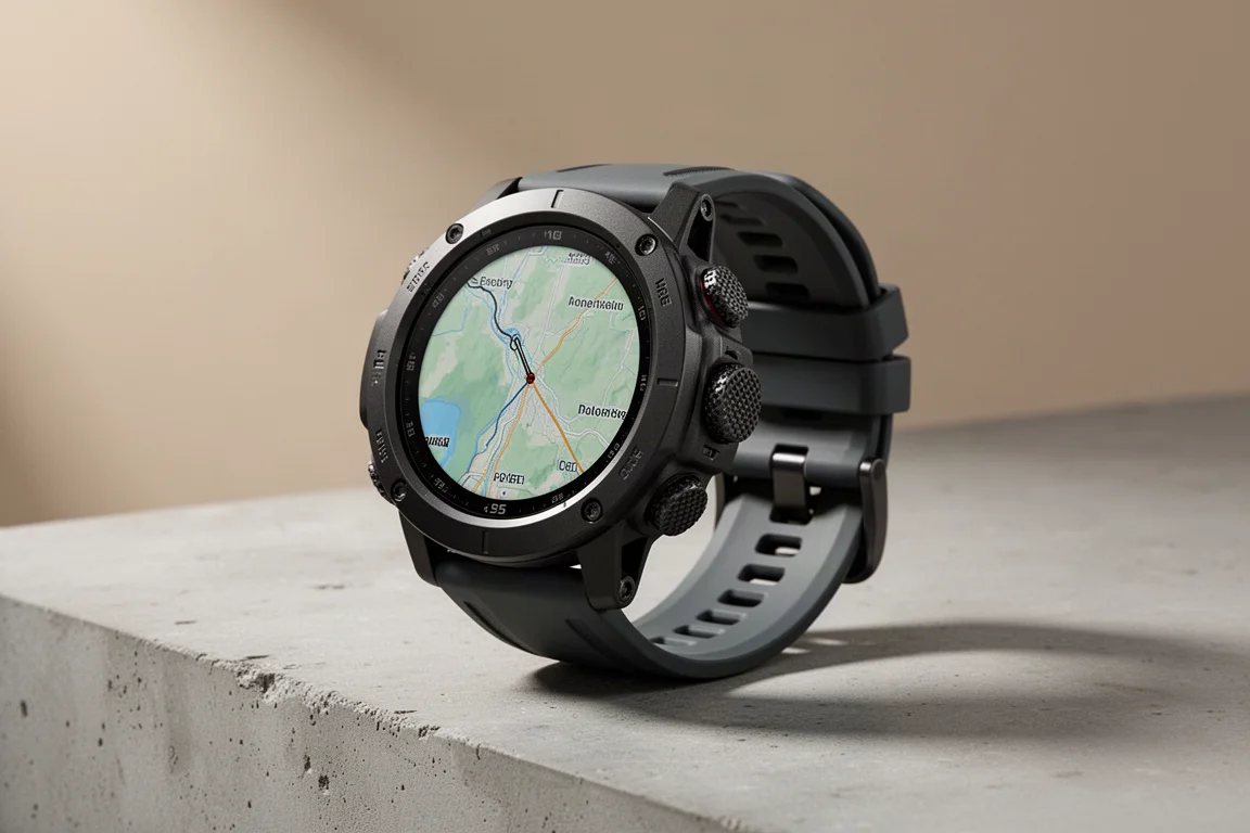 Sportwatch rugged Amazfit T-Rex 3 Pro con mappa sul display appoggiato su superficie di cemento