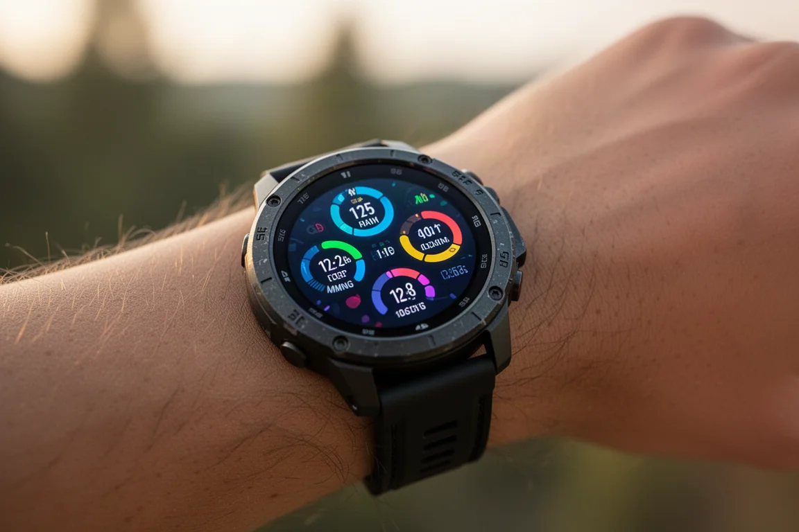 Primer plano de una brillante pantalla AMOLED redonda de reloj inteligente mostrando widgets al aire libre
