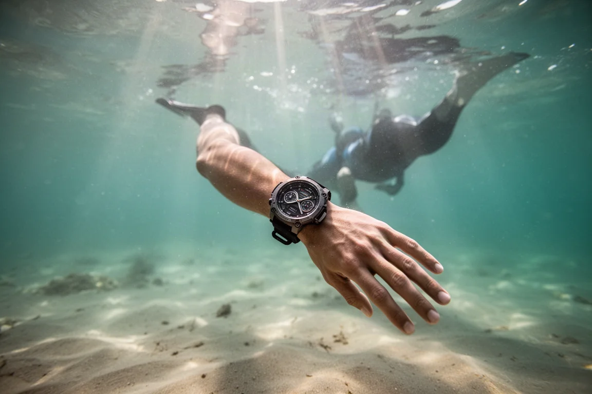 Buceador en apnea descendiendo por agua azul transparente con un reloj deportivo en la muñeca
