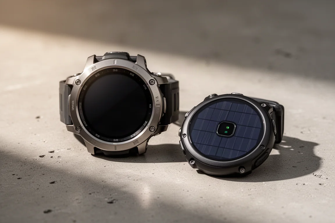 具鈦金屬錶圈的 rugged 智能手錶，正背面展示並露出太陽能板
