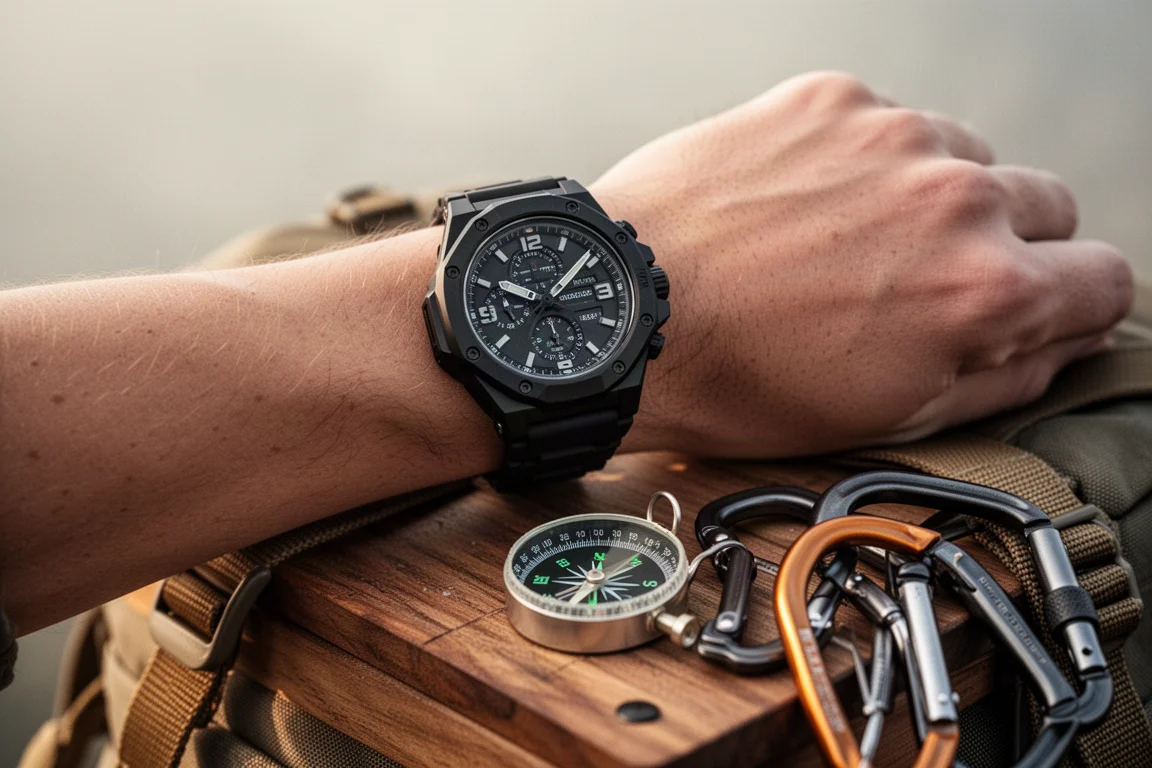 Orologio sportivo rugged indossato al polso accanto ad attrezzatura da trekking nella luce soffusa del giorno