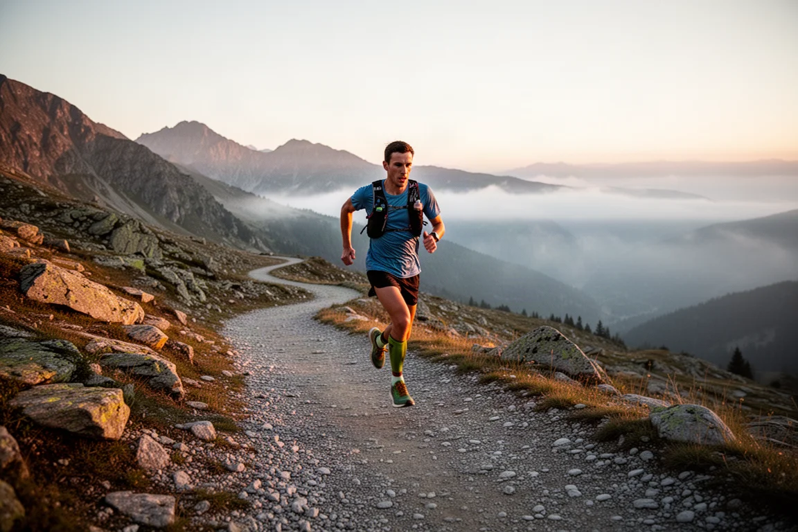 Trail runner su un sentiero montano ghiaioso all'alba con una leggera nebbia nella valle