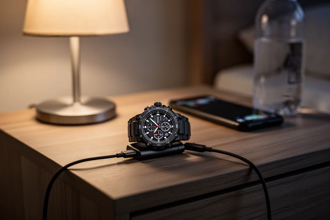 Orologio sportivo rugged in carica su un comodino di notte