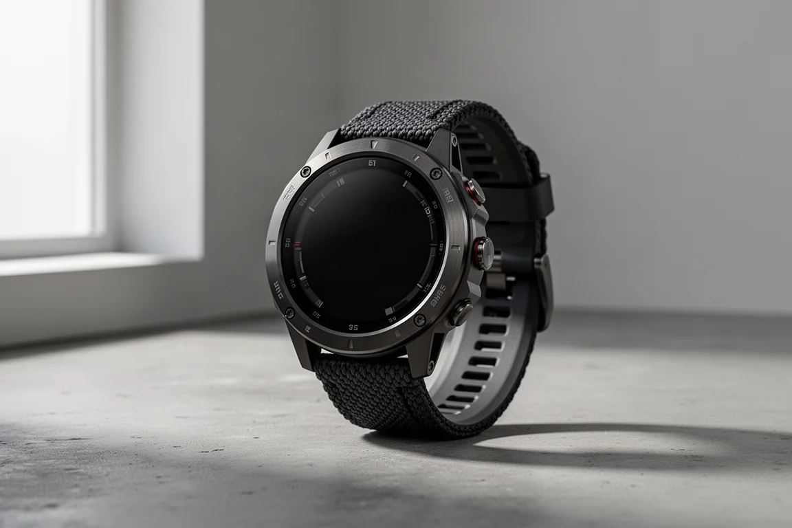 Rugged black outdoor sports watch with titanium bezel on a concrete surface