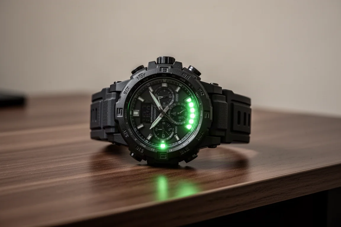 Large rugged smartwatch with integrated LED flashlight on a wooden desk