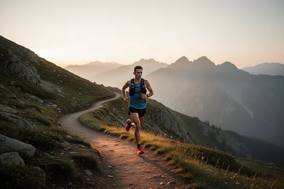 Trail runner moving along a mountain path at dusk