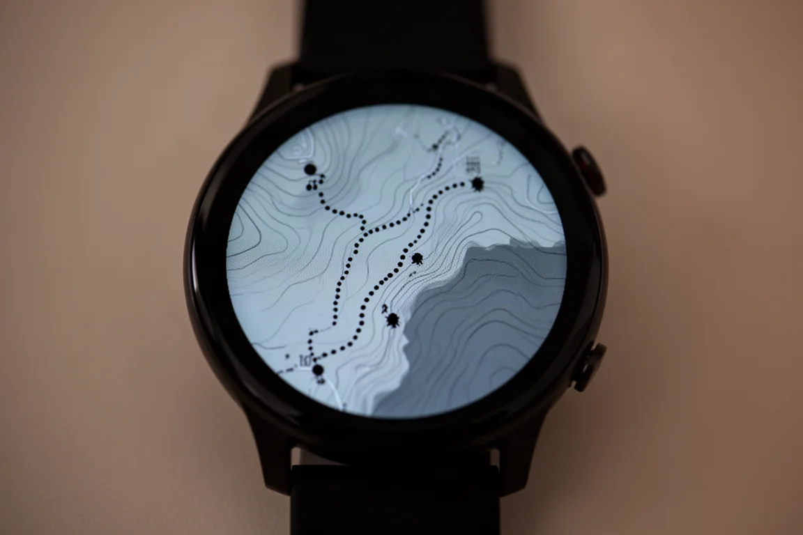 Smartwatch screen showing a topographic map with dotted trail lines