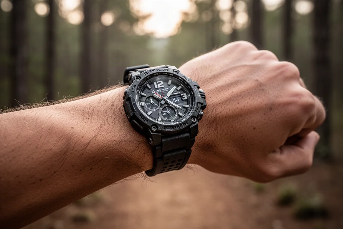 Wrist wearing a rugged sports watch during a run with heart rate data