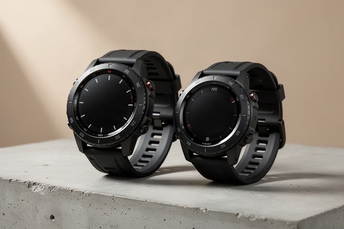 兩款耐用型 Amazfit 運動錶並排放在混凝土表面上