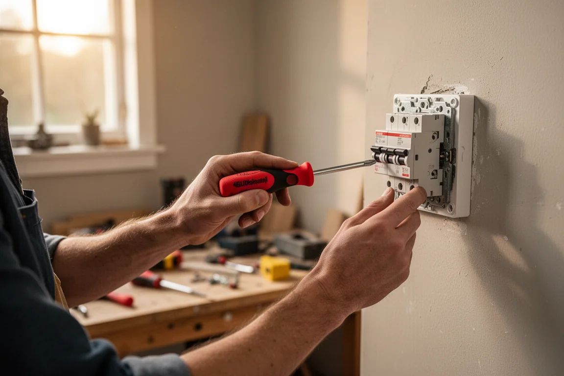 Huishoudelijke klusser aan het werk op een elektrische installatie met de stroom uitgeschakeld