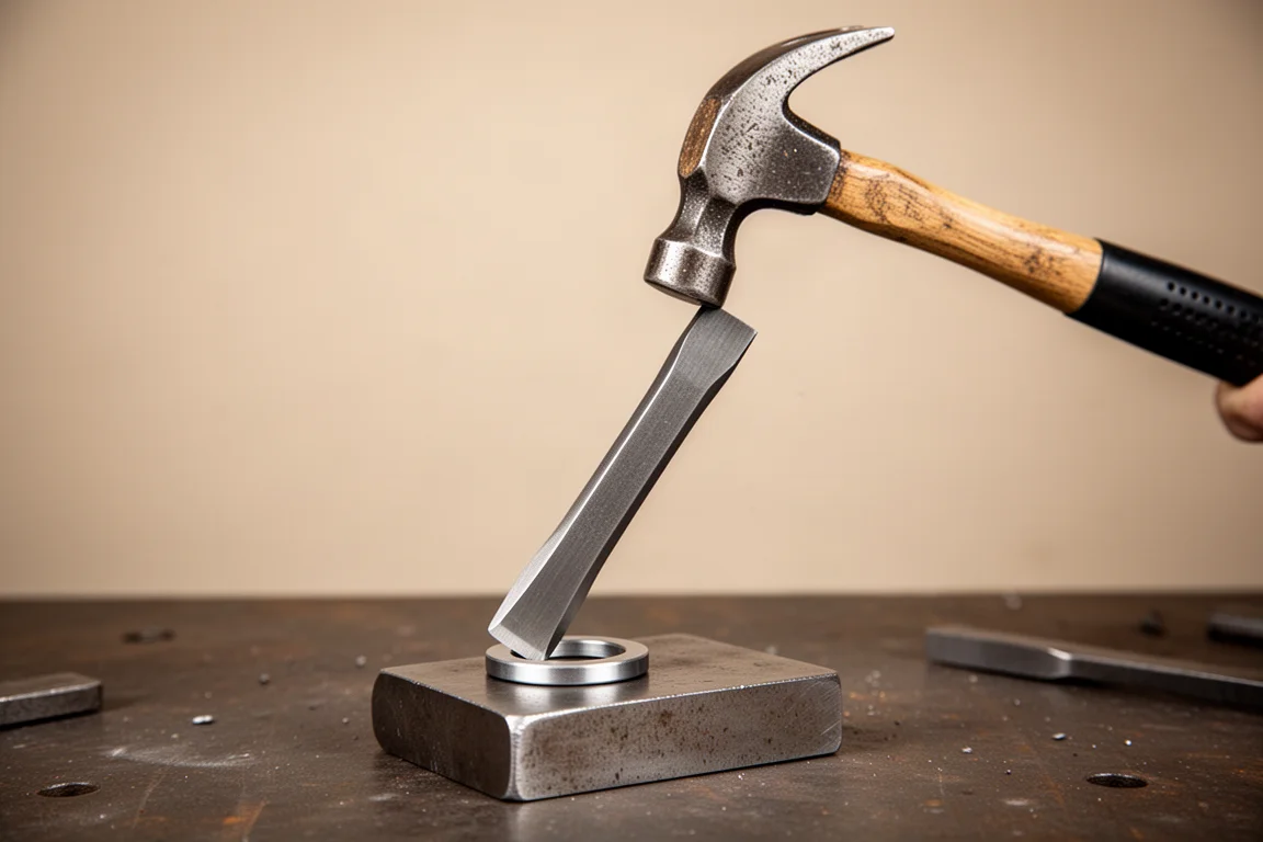 Stalen beitel die tegen een metalen ring op een aambeeldplatform wordt geslagen