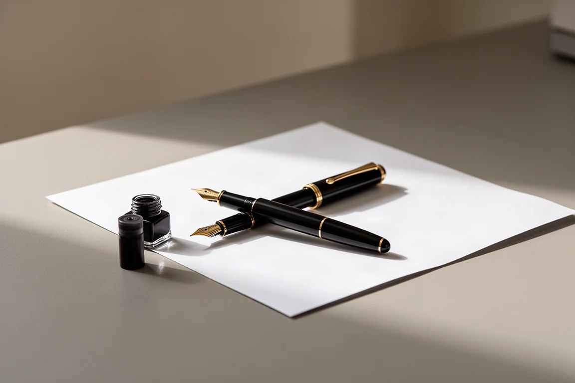 Compatta postazione da scrivania con penna, carta e cartuccia d'inchiostro nella luce soffusa del giorno