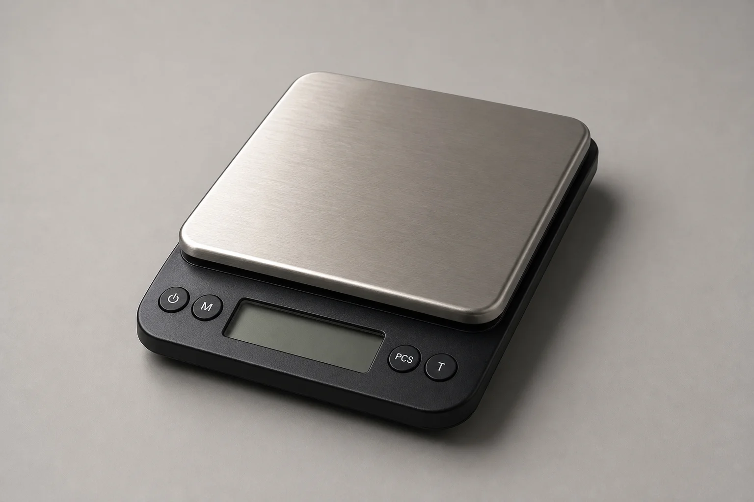 Seven kitchen scales arranged on concrete surface, ranging from budget to premium models