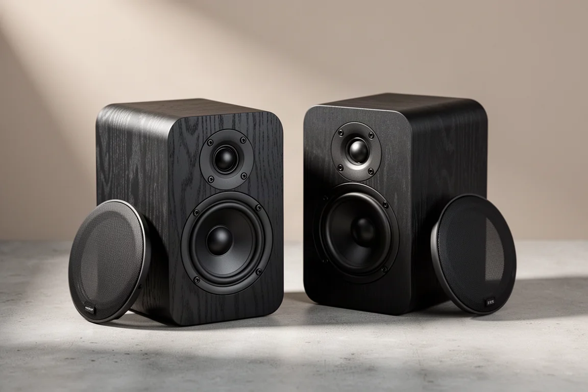 Pair of compact black powered bookshelf speakers with grilles removed on concrete