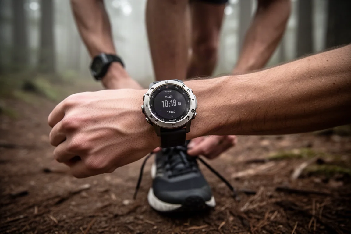 Sportler prüft eine Multisport-GPS-Uhr vor dem Morgenlauf auf dem Trail