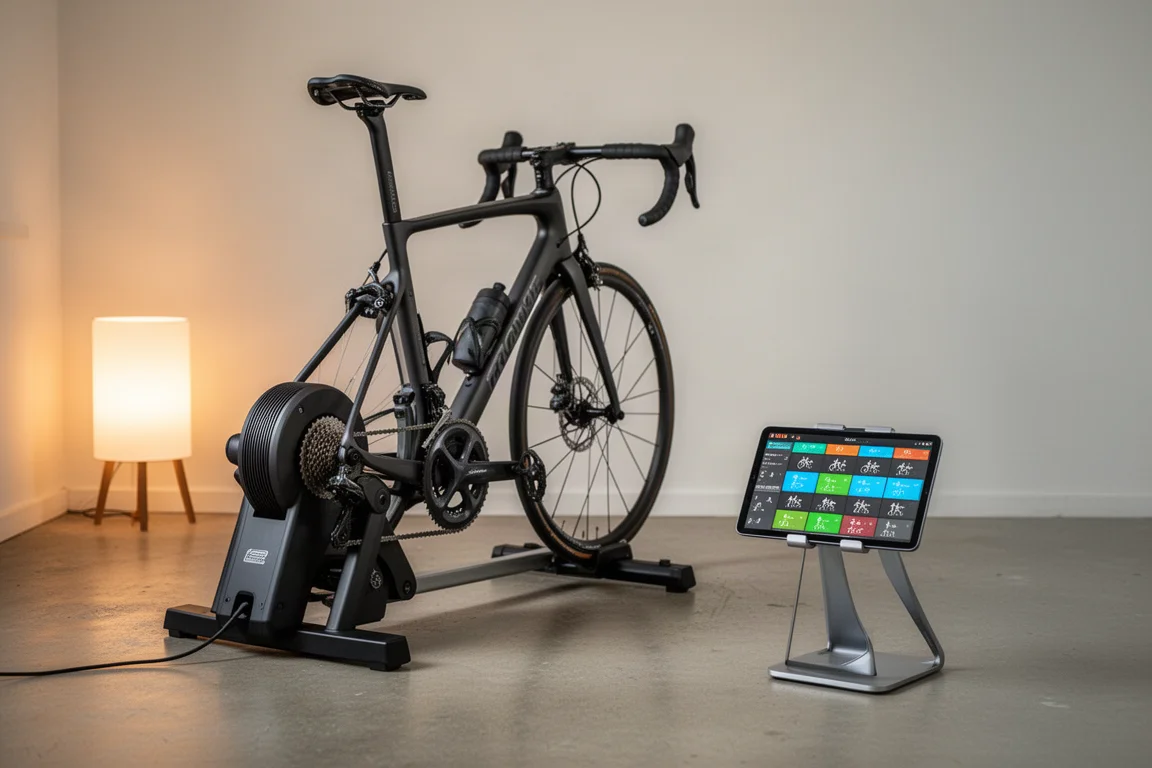 Indoor-Cycling-Trainer in einem Wohnbereich neben einem Tablet aufgebaut