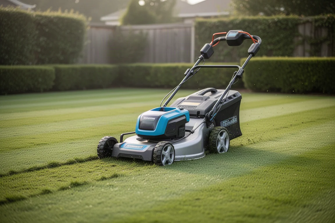 Accugrasmaaier maait gras op een nette tuin in het ochtendlicht