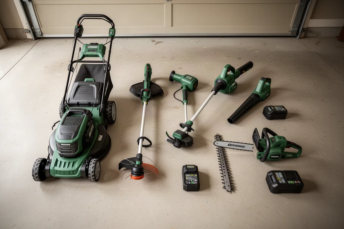 Compleet gereedschapsset op accu's voor de tuin, uitgestald op een garagevloer