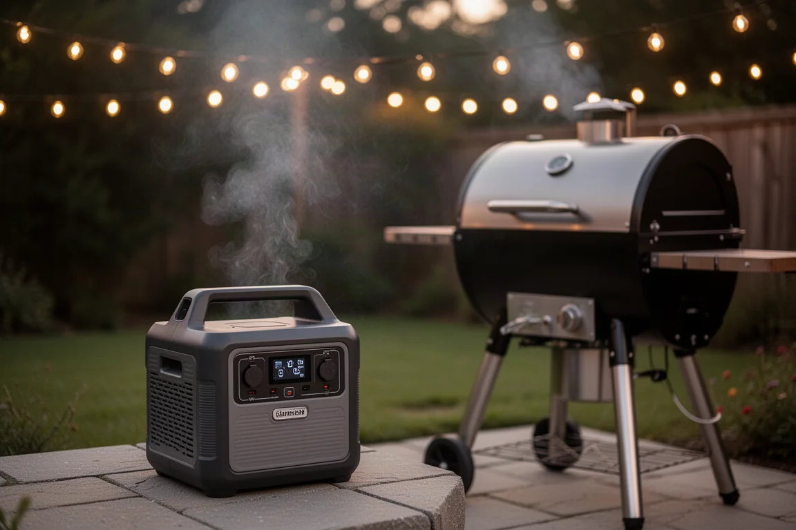 Draagbare powerstation voedt een pellets-grill op een terras in de schemering