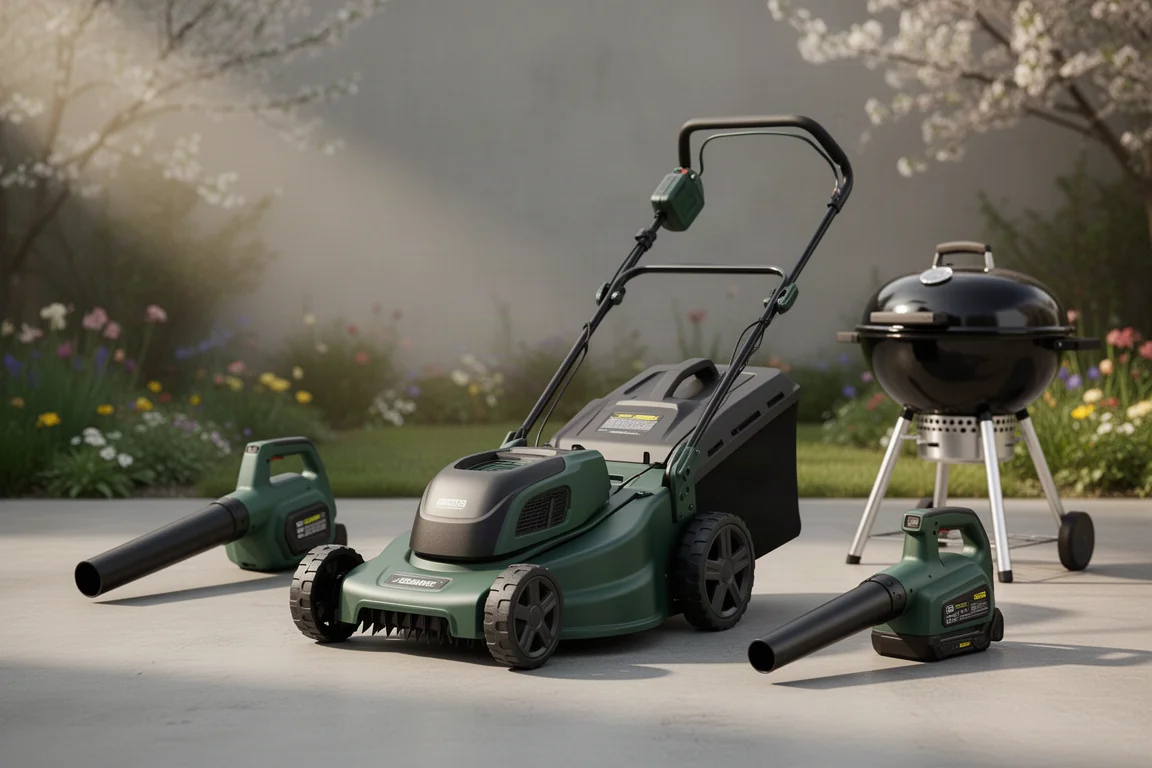 Cordless mower, leaf blower, and pellet grill arranged on concrete in a spring backyard setting