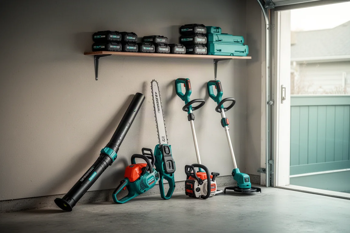 Accugereedschap voor buitengebruik netjes op een rij langs de garage_muur in het ochtendlicht