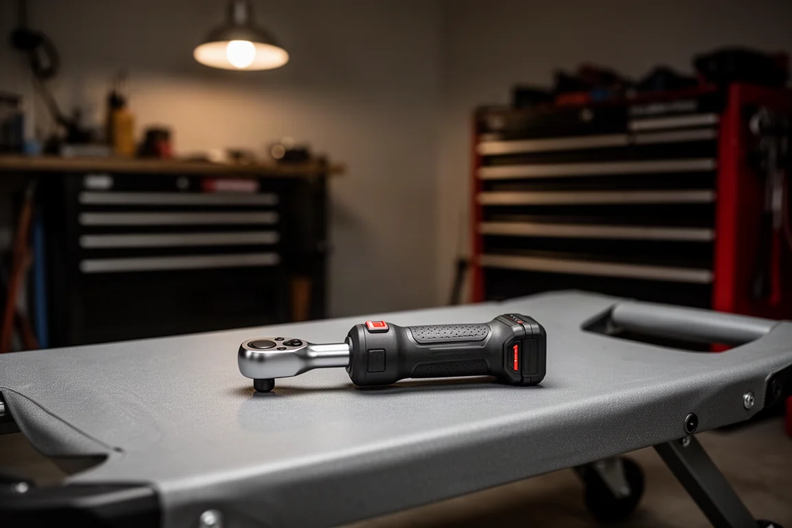 Compacte accu-klopschroever liggend op een monteurskruiper in een thuisgarage