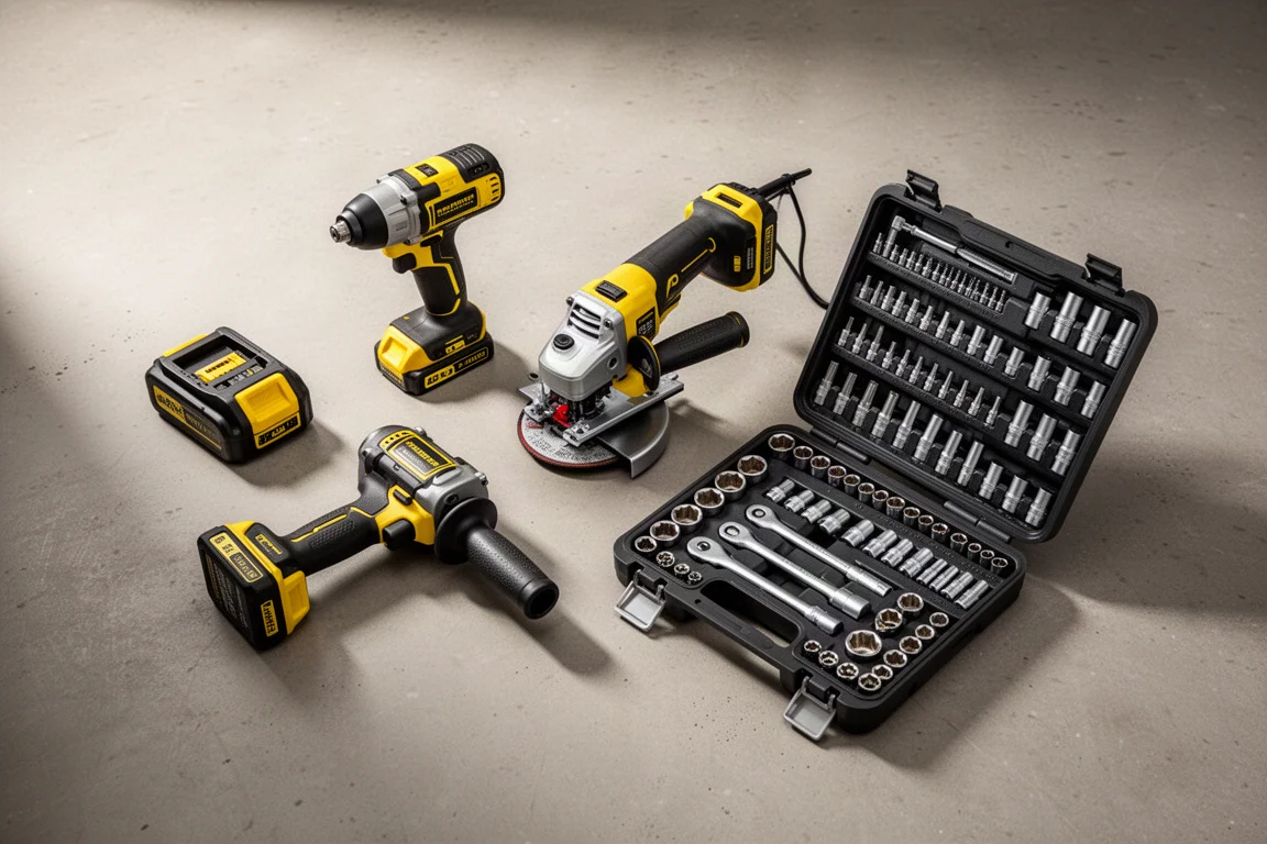 Flat-lay of cordless power tools and a socket set on a concrete workshop floor
