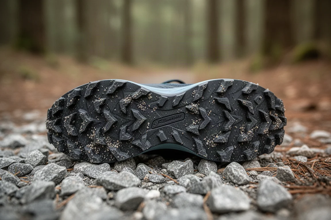 Primer plano de la suela de una zapatilla de trail con tacos de goma sobre grava húmeda