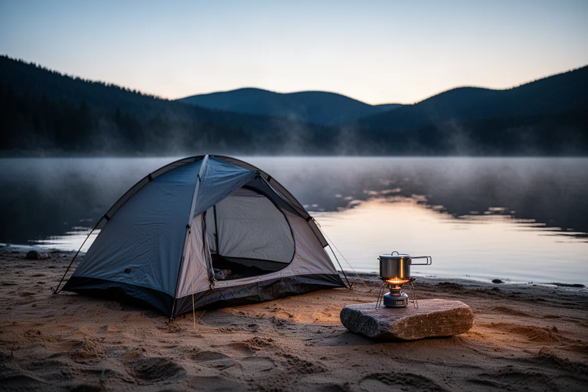 Pequeña tienda montada junto a un lago alpino al atardecer con un hornillo cerca
