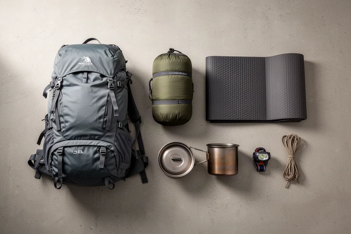 Overhead flat lay of budget backpacking gear on a matte concrete surface